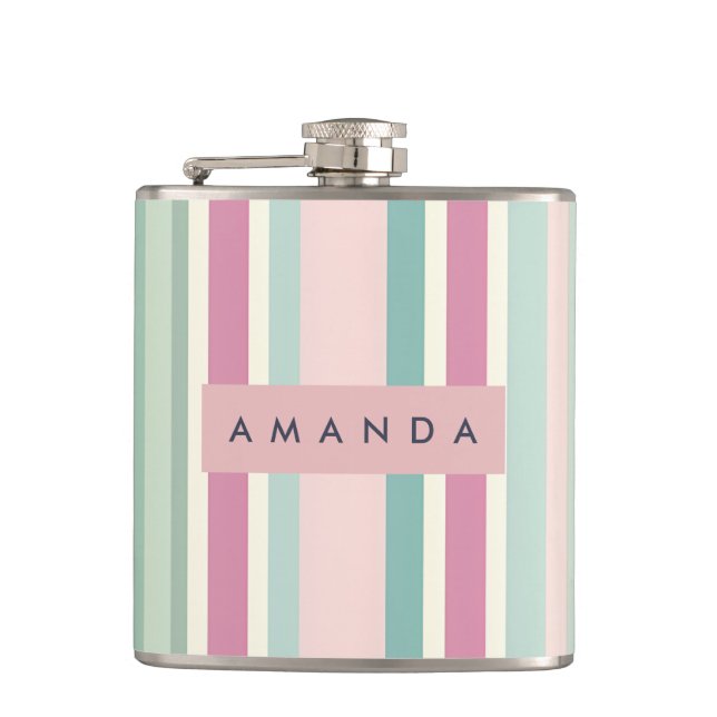 Personalized Blush Mint Pastel Stripes Flask (Front)