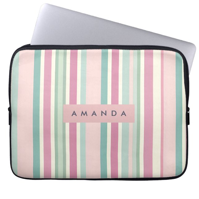 Personalized Blush Mint Pastel Stripes Laptop Sleeve (Front)