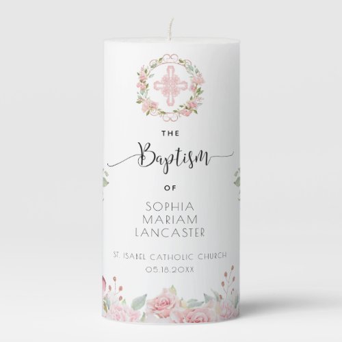 Personalized Blush Peach Floral Girl Baptism Pillar Candle