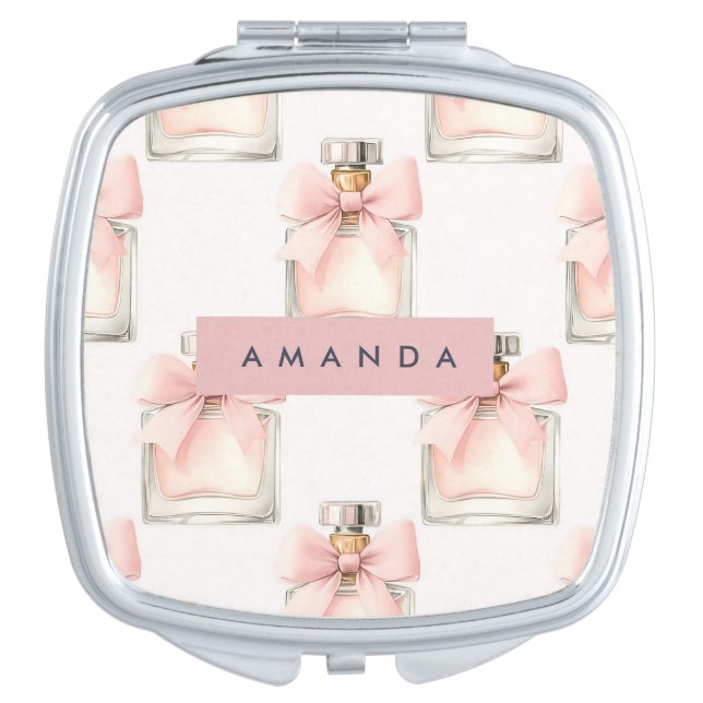 Personalized Blush Perfume Bottle Coquette Pattern Compact Mirror (Front)