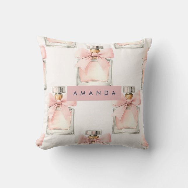 Personalized Blush Perfume Bottle Coquette Pattern Throw Pillow (Front)