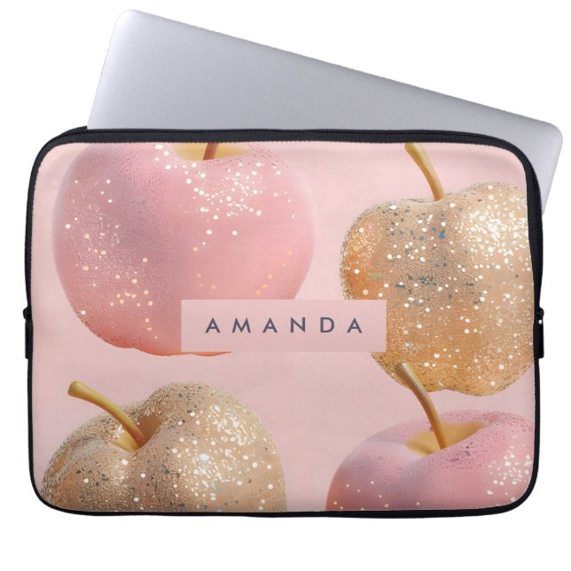 Personalized Blush Pink and Gold Glitter Apple  Laptop Sleeve (Front)