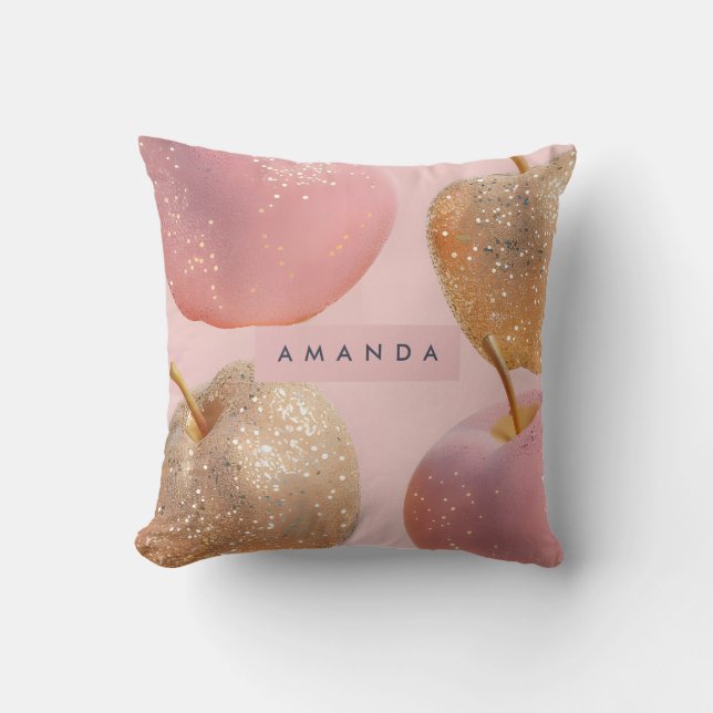 Personalized Blush Pink and Gold Glitter Apple  Throw Pillow (Front)