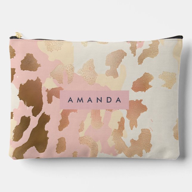 Personalized Blush Pink and Gold Leopard Print Accessory Pouch (Front)