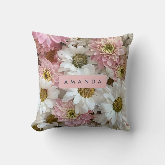 Personalized Blush Pink and White Daisy Flower Throw Pillow (Front)