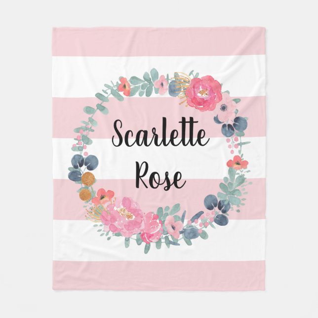 Personalized Blush Pink Baby Girl Floral Wreath Fleece Blanket (Front)