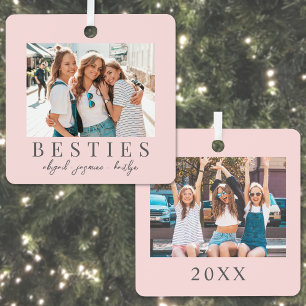 Personalized Blush Pink Best Friend Photo Metal Ornament