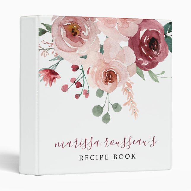 Personalized Blush Pink Burgundy Floral Recipe  3 Ring Binder (Front/Spine)
