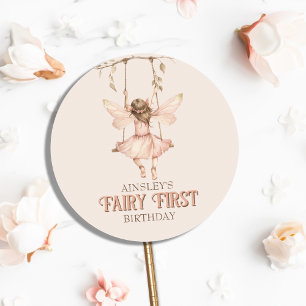 Personalized Blush Pink Fairy First 1st Birthday Classic Round Sticker