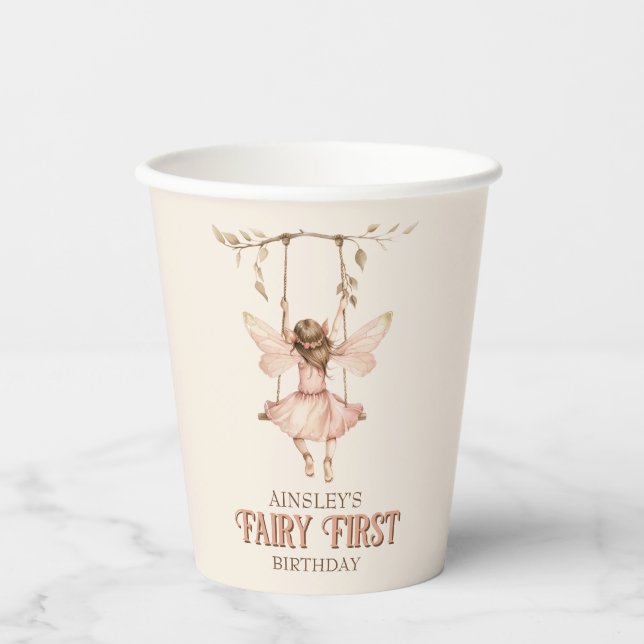Personalized Blush Pink Fairy First 1st Birthday Paper Cups (Front)