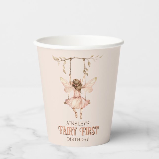 Personalized Blush Pink Fairy First 1st Birthday Paper Cups (Front)