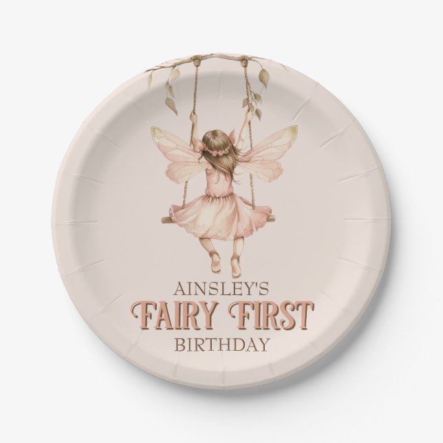 Personalized Blush Pink Fairy First 1st Birthday Paper Plates (Front)