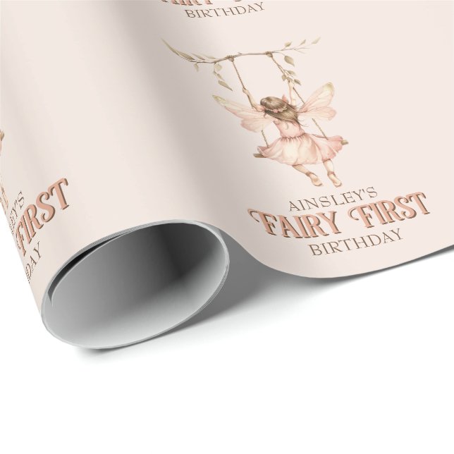 Personalized Blush Pink Fairy First 1st Birthday Wrapping Paper (Roll Corner)