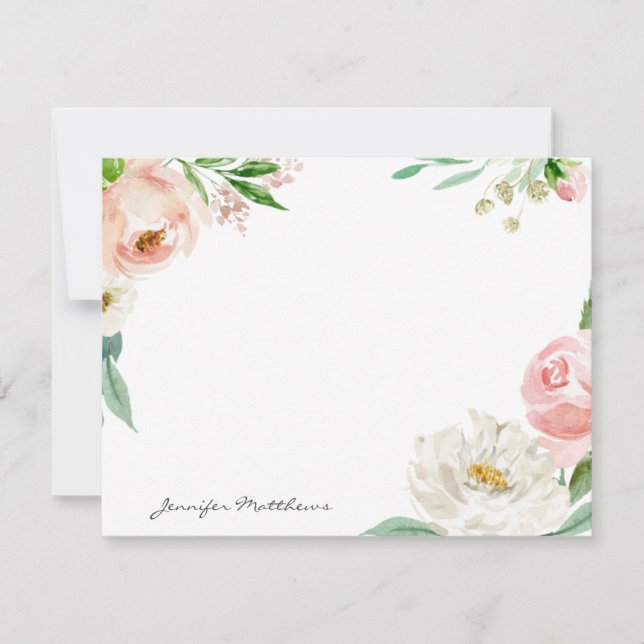 Personalized Blush Pink Feminine Floral Frame Note Card (Front)