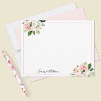 Personalized Blush Pink Feminine Watercolor Floral Note Card by DancingPelican at Zazzle