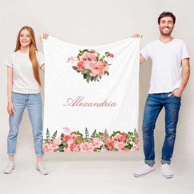 Personalized Blush Pink Floral Bouquet Fleece Blanket (In Situ)