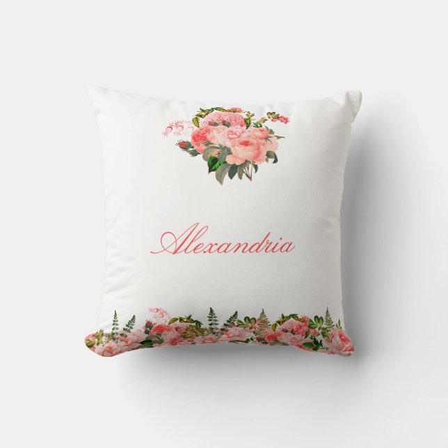 Personalized Blush Pink Floral Bouquet Throw Pillow (Front)