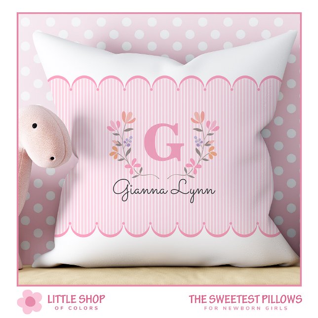 Personalized Blush Pink Floral Monogram Baby Throw Pillow (Creator Uploaded)