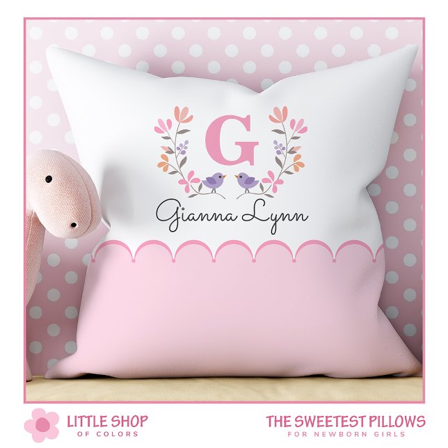 Personalized Blush Pink Floral Monogram Baby Throw Pillow (Creator Uploaded)