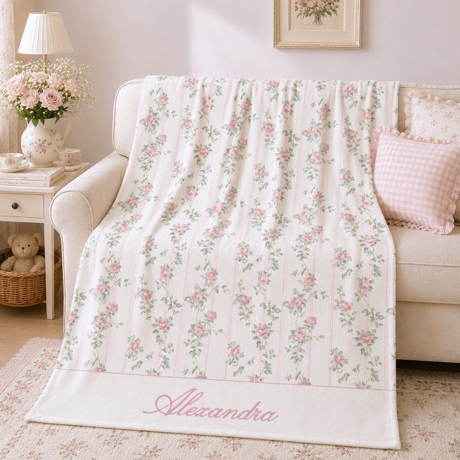 Personalized Blush Pink Floral Rose Fleece Blanket (grandmillennial shabby chic coquette floral blush pink rose fleece blanket with custom monogram name)