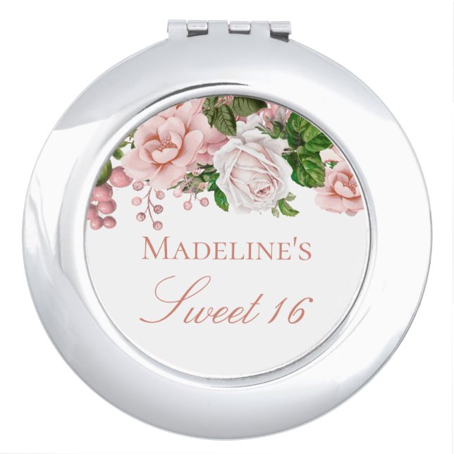 Personalized Blush Pink Floral Sweet 16 Compact Mirror (Front)