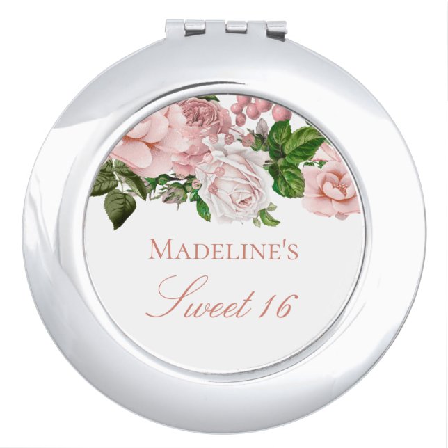 Personalized Blush Pink Floral Sweet 16 Compact Mirror (Front)