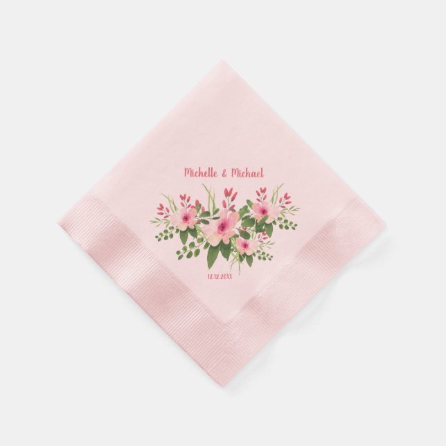 Personalized Blush Pink Floral Wedding Napkins (Corner)