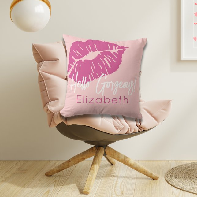Personalized Blush Pink Fuchsia Hello Gorgeous Throw Pillow (Creator Uploaded)