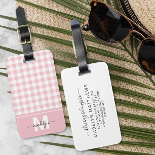 Personalized Blush Pink Gingham Monogram Luggage Tag