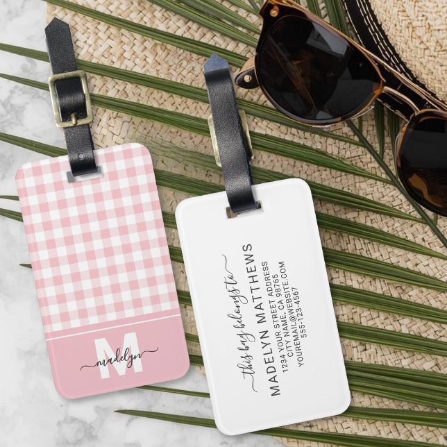 Personalized Blush Pink Gingham Monogram Luggage Tag (Personalized Blush Pink Gingham Monogram Luggage Tag )
