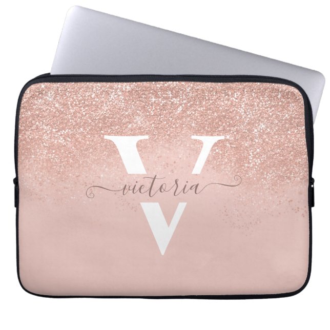 Personalized Blush Pink Glitter Modern Monogram  Laptop Sleeve (Front)