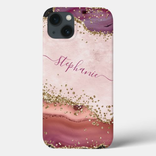 Personalized Blush Pink Gold Glitter Girly Agate iPhone 13 Case
