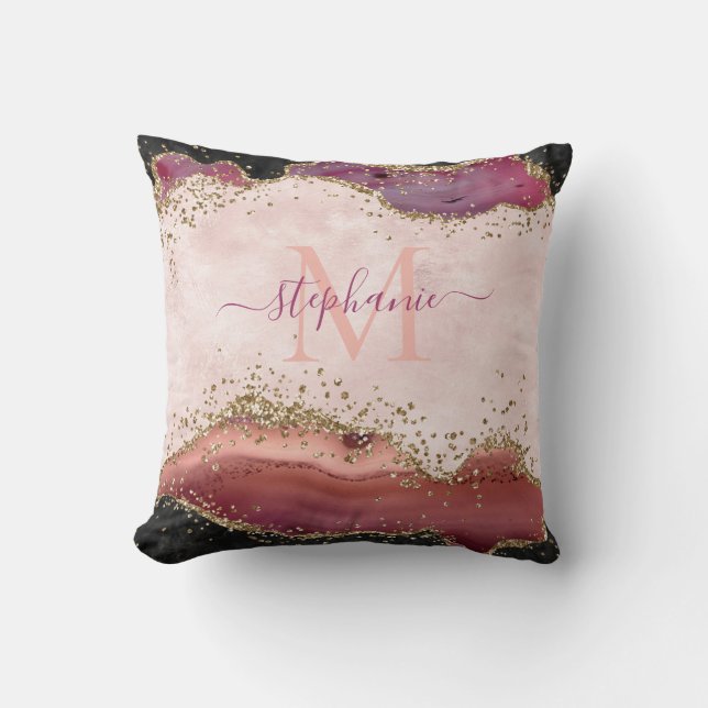 Personalized Blush Pink Gold Glitter Girly Agate Throw Pillow (Front)