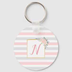 Personalized Blush Pink & Gray Floral Keychain