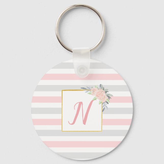 Personalized Blush Pink & Gray Floral Keychain (Front)