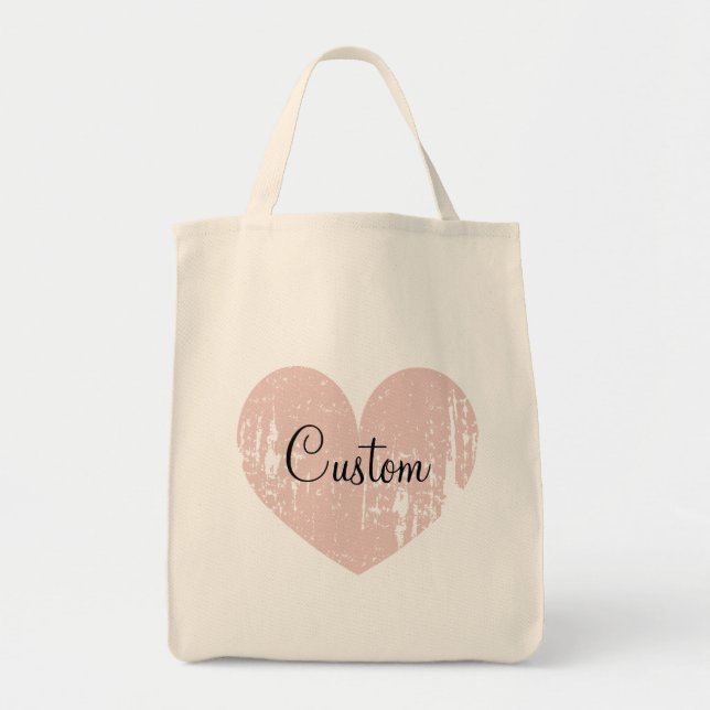 Personalized blush pink heart grocery tote bag (Front)