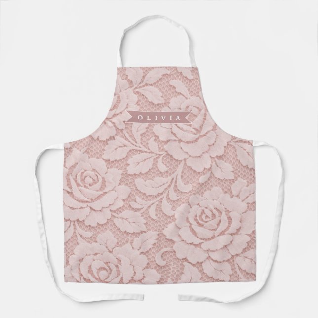 Personalized Blush Pink Lace Floral Romantic Apron (Front)