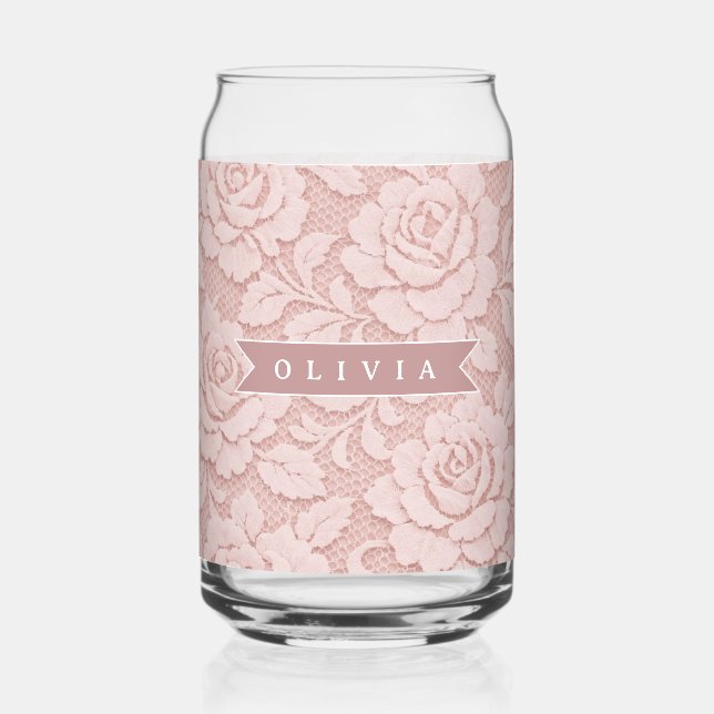Personalized Blush Pink Lace Floral Romantic Can Glass (Front)