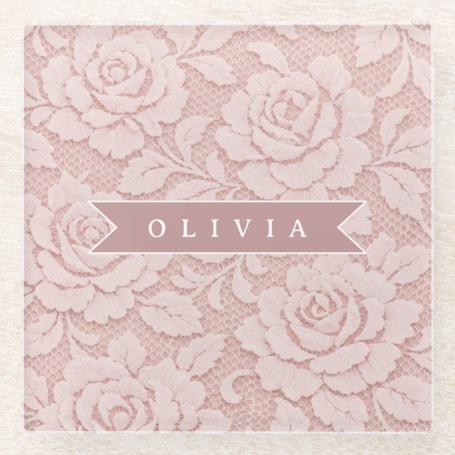 Personalized Blush Pink Lace Floral Romantic Glass Coaster (Front)