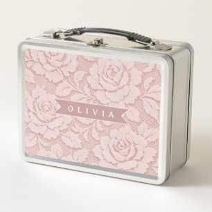 Personalized Blush Pink Lace Floral Romantic Metal Lunch Box