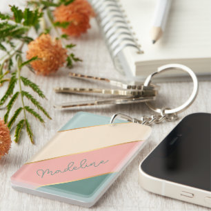 Personalized Blush Pink Mint Green Ivory Stripes Keychain