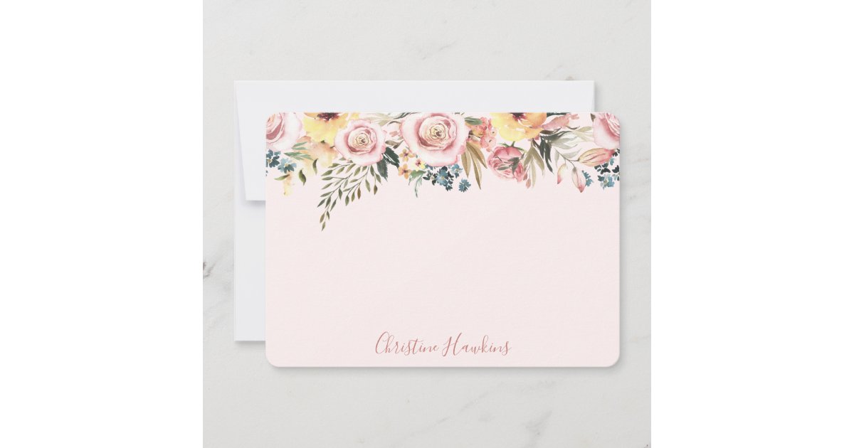 Personalized Blush Pink Modern Watercolor Floral N Note Card | Zazzle