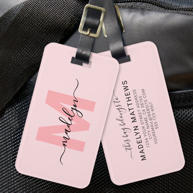 Personalized Blush Pink Monogram Name Luggage Tag (Modern Custom Blush Pink Monogram Name Luggage Tag)