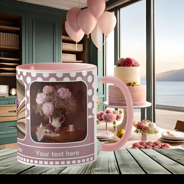 Personalized Blush Pink Polka Dots Photo Mug (Photo mug featuring your own photos framed by a retro polka dots design in blush pink and white)
