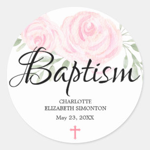 Personalized Blush Pink Rose and Cross Baptism Classic Round Sticker