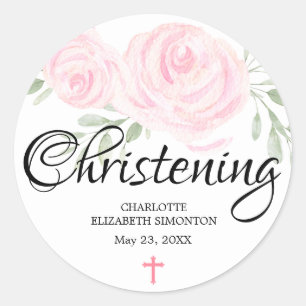Personalized Blush Pink Rose and Cross Christening Classic Round Sticker
