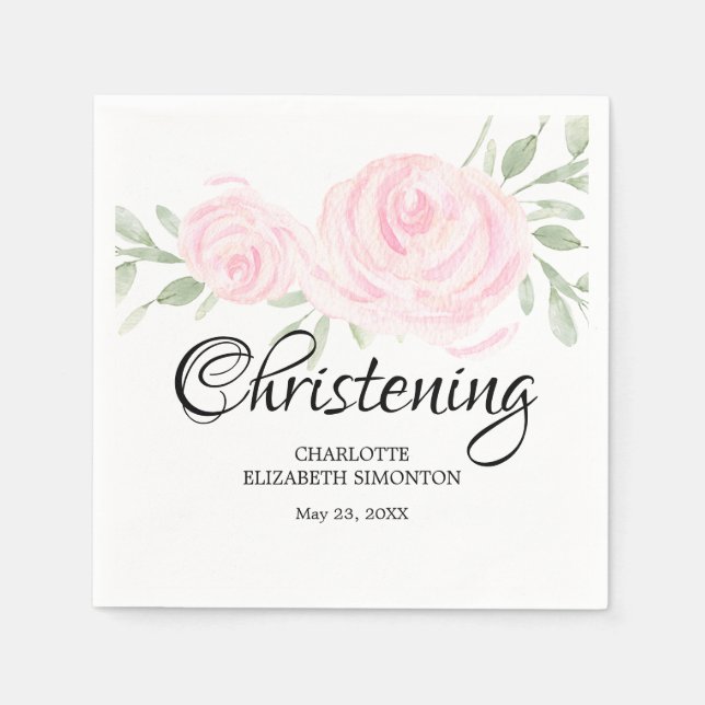 Personalized Blush Pink Rose Christening Paper Napkins (Front)