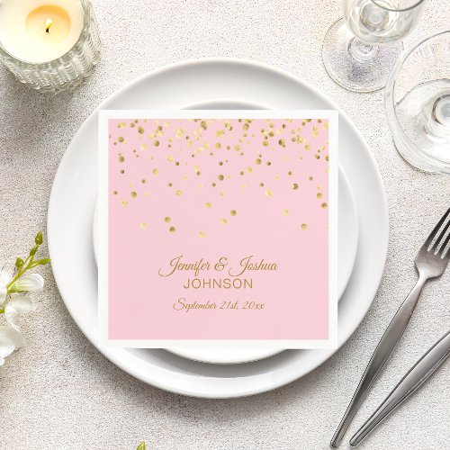 Personalized Blush Pink Rose Gold Confetti Wedding Napkins