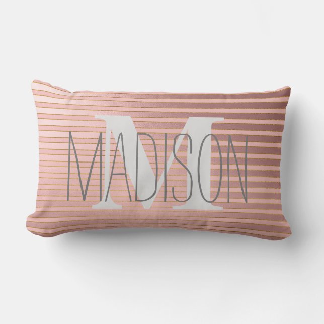 Personalized Blush Pink Striped Monogram Name Lumbar Pillow (Front)