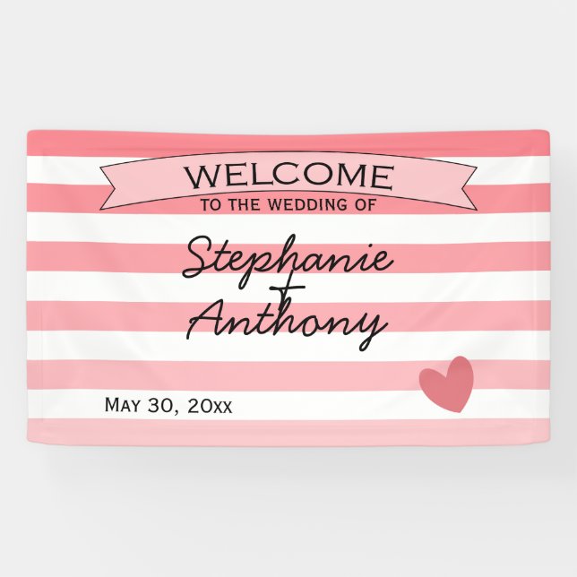 Personalized Blush Pink Striped Ombre Wedding Banner (Horizontal)